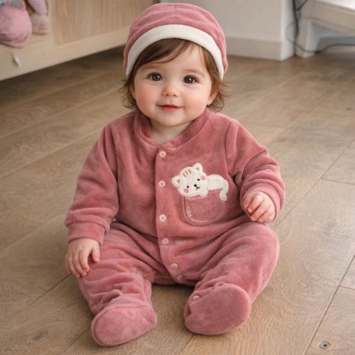 Βρεφικό Φορμάκι Βελούδινο Βaby uniform darp pink with cap